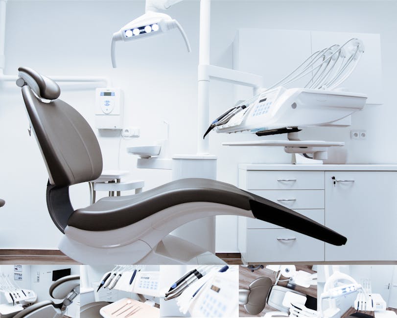 creative A modern dental clinic interior showcasing a dental chair and equipment in a clean, clinical setting.